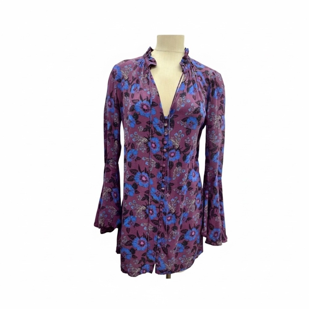 Free‎ People Wine Floral Bell Sleeve Tunic Top - Picture 4 of 6